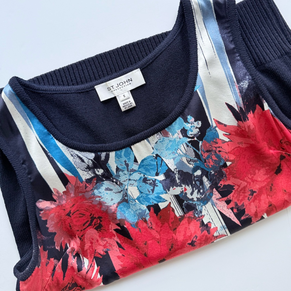 St. John Collection Navy Sleeveless Sweater Tank Shell Silk Red White Floral S - Picture 3 of 15
